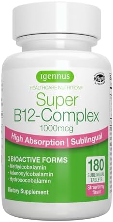 Igennus Sublingual Vitamin B12 Complex 1000mcg, Methylated Methylcobalamin, Adenosylcobalamin & Hydroxocobalamin, High Absorption & Clean, 180 Servings, Sugar-Free & Vegan
