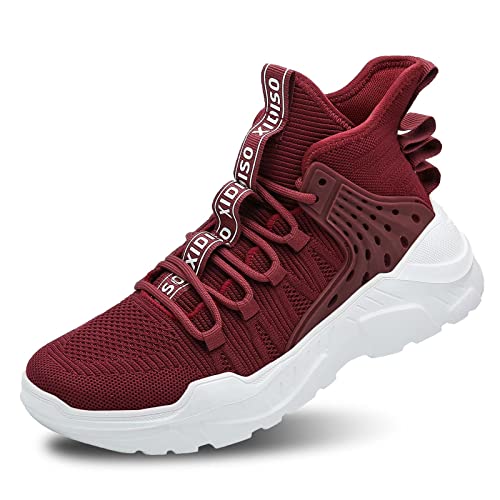 SANNAX Mens Walking Running Shoes Fashion Sock Sneakers High Top Casual Sports Athletic Tennis Gym Shoe Dark Red