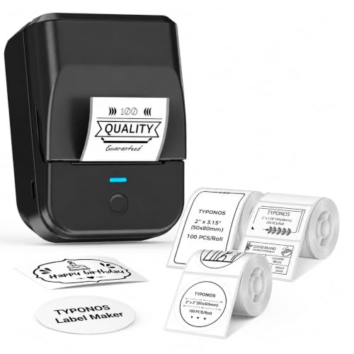 TYPONOS PM240 Label Maker Machine, Black, 3 Rolls with 50x30mm White Labels | 50x50mm White Round Labels, 50x80mm white Labels, 2'' Bluetooth Thermal Label Printer for Small Business School Home Office - image 1