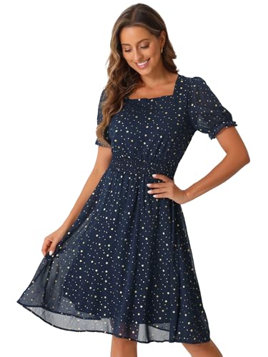 Allegra K Square Neck Dress for Women's Metallic Stars Ruffle Short Sleeve A-Line Stretch Waist Dress Medium Dark Blue