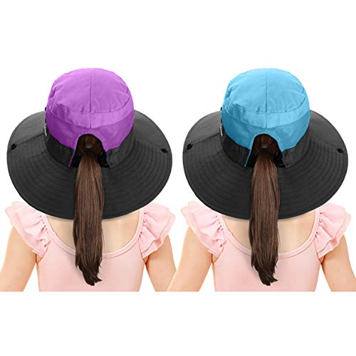 2 Pieces 5-14Y Kids Summer Sun Hat Wide Brim UV Protection for Girls Ponytail Beach Bucket Cap2