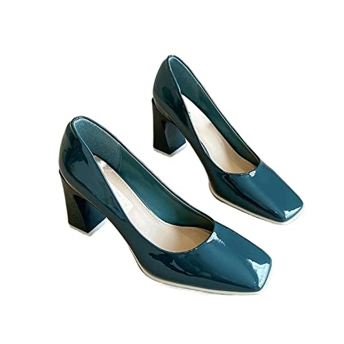 Talons hauts carrés en cuir breveté bleu élégant pour femmes
