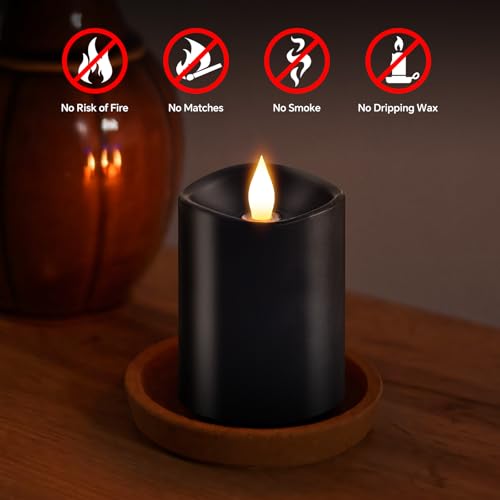 Image of 3x4 Flickering Flameless Candles Set of 1,Real Wax Pillar led Candles Flickering,with Timer,4 inch Flameless Candles with Remote,for Holiday Home Decor Party,Black
