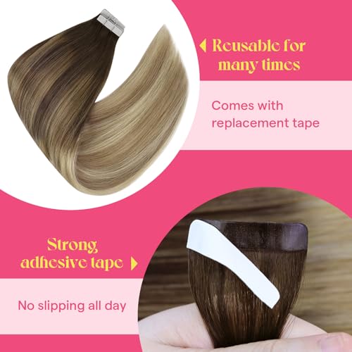 Image of Sunny Hair Tape in Hair Extensions Human Hair Blonde for Morning Routines | Dark Golden Blonde Highlight Platinum Blonde,Wedding Guest Hair,16Inch 25g 10Pcs,Easy to be Style,for Everyday Wear
