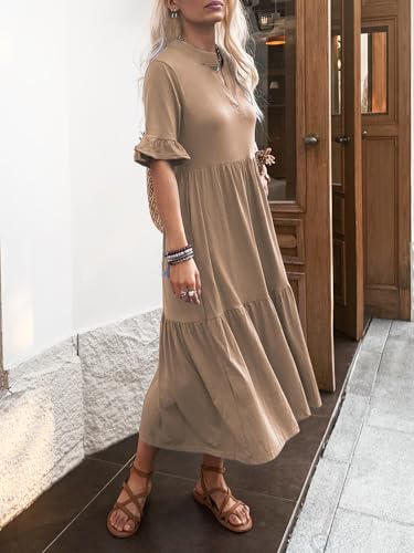 Image of Mieazom Short Sleeves Maxi Dress for Women A Line Summer Dress V Neck Casual Loose Tiered Long Dresses with Pockets