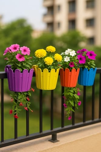 Image of Premium Railing Planter with Hook - Durable Plastic Hanging Flower Pot for Balcony, Fence Design Gamla for Indoor /Outdoor Plants, Herbs & Creepers (Pack of 3) (3, Red)