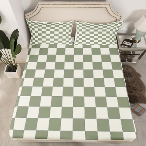 Image of Erosebridal Plaid Bed Sheets Twin Beige Sage Green Checkerboard Bedding Geometric Checkered Sheet Set for Kids Boys Girls, Aesthetic Grid 1 Fitted Sheet 1 Flat Sheet 1 Pillow Case