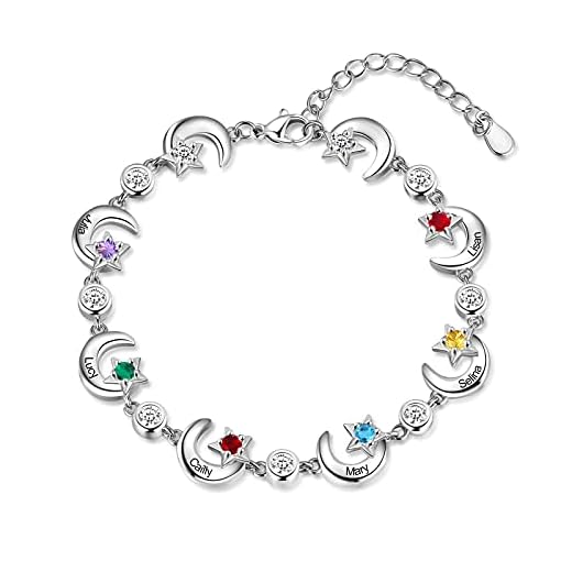 Rolaonly Mujer Nombre Pulsera Personalizados Joyas con 6 Nombres Grabado Piedra del Zodíaco Plata de Ley 925 Cadena con Estrellas Luna Colgante Regalo de Niñas día de San Valentín Navidad