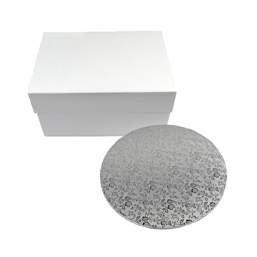 Miss Bakery's House® Cake Box e pannello MDF - set - scatola da trasporto 30x30x15 cm - bianco - con base per torta rotonda stabile in fibra di legno - Ø 30 cm - rivestita in argento