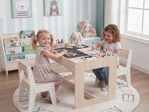 Costzon Kids Table and Chairs, 4-1 Wooden Activity Art Desk Set w/Whiteboard, Chalkboard & Storage Cubes for Drawing, Crafting, Playing, Toddler Table and Chair Set (31.5” x 19.5” x 19”,Natural)
