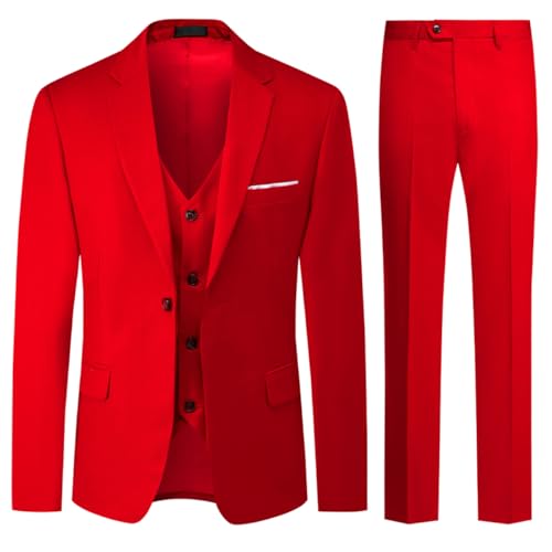 Allthemen Fato para homem casamento 3 peças slim fit fatos de smoking um botão cor sólida casaco formal para homem colete e calças, Vermelho, XL