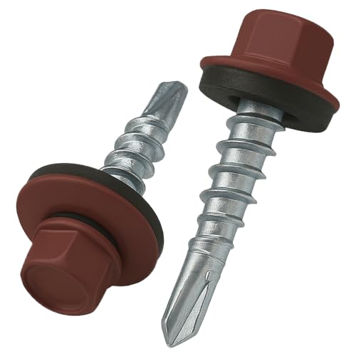 4.8 mm x 25 mm Dachschrauben, Sechskantkopf Selbstbohrend Mehrfarbig (RAL 3009 Oxidrot) Schrauben mit versiegelter EPDM-Unterlegscheibe, rostfreie, Verzinkte, Gehärtete (50 Stück)