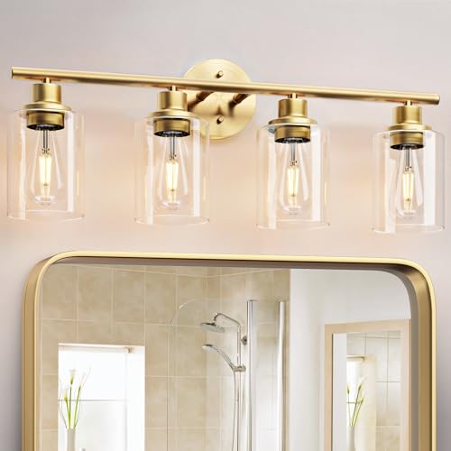 Image of Brush Gold Bathroom Vanity Light - 4-Light Bathroom Light Fixtures with Clear Glass Shades, UL Certification & E26 Base, Gold Vanity Light for Bathroom