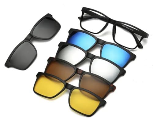 Image of 5-in-1 Magnetic Clip-on Sunglasses Set with Black Frame, Multiple Lens Colors