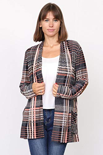 Image of Eloges Women's Multi Stripe Soft Knit Open Cardigan with Suede Elbow Patch