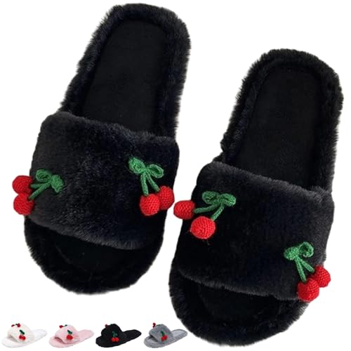 Cute Cherry Slippers for Women Indoor Cozy Soft Fuzzy House Slipper Winter Warm Plush Home Bedroom Shoes Slip On Lightweight