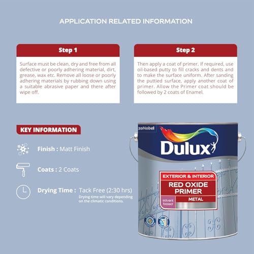 Image of Dulux Red - Oxide Metal Primer | Suitable For Interior & Exterior Work |Quick Drying, Rust Protection for Metal Surfaces, 4 Litres