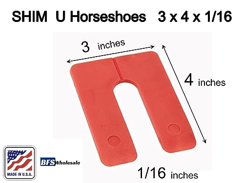 Image of Plastic Structural Shim Horseshoes U Shape, Size: 3 inch x 4 inch x 1 /8 inch,. Pack of 60 Pcs. Red Color, Made in U.S.A. Levelers for Window & Door Shims. BFSEALS Free & Quick Shipping from USA