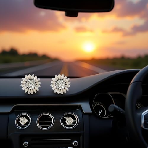Image of Sunflower Air Vent Clips Car Accessories Bling Sunflower Air Freshener Outlet Clips for Women Car Interior Decorations Cute Flowers Cars Clips Air Fresheners Interior Accessories (2, Beige)