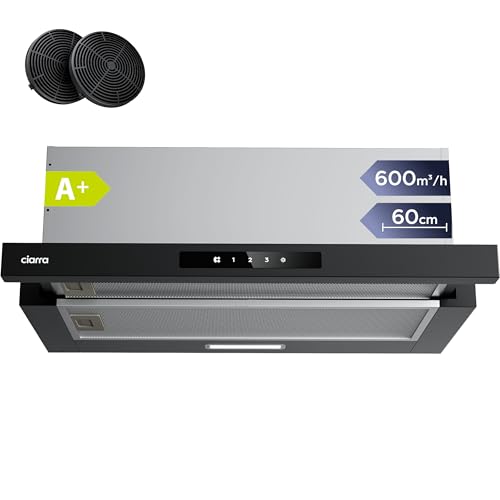 CIARRA CBCB6909A Classe A+ Hotte Télescopique Encastrable 60 cm 600 m³/h, Commande Tactile, 3 Vitesses, Recyclage & Evacuation, Filtre à Charbon CBCF055...