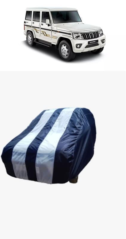 Image of Waterproof Car Body Cover Compatible with Mahindra Bolero Camper 2WD PS BS3 with Triple Threads Stitches in White and Blue
