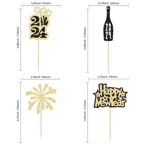 Gyufise 24Pcs Happy New Year Cupcake Toppers 2024 Happy New Year Party Decorations Gold Black Glitter Firework 2024 Cupcake topper Cheers to 2024 Cake Picks for New Year Eve Party Supplies - Image 2