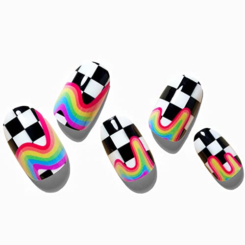 GlamaMaid Press-On Nails, Medium Oval Shaped, Rainbow Checkerboar...