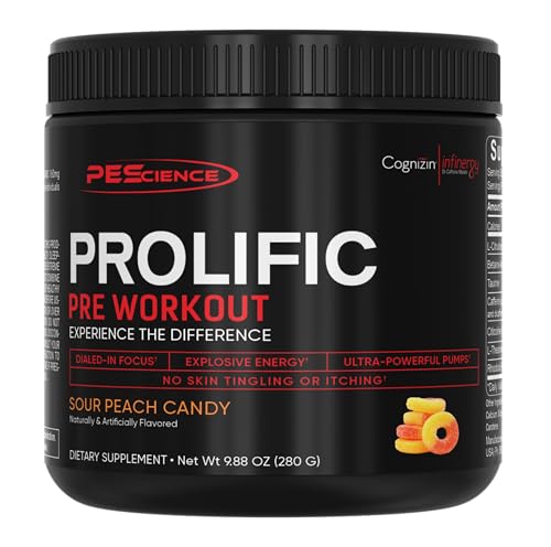Image of PEScience Prolific Pre Workout Powder for Men & Women with L-Citrulline Nitric Oxide Booster, Energy Powder & Nootropic for Focus - Preworkout Without Beta Alanine - 40 Scoops, Sour Peach Candy