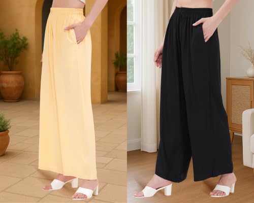 Image of Buy That Trendz Palazzo Pants for Women Rayon Elasticated Regular Fit Flared Wide Leg M to 6XL Pack of 2