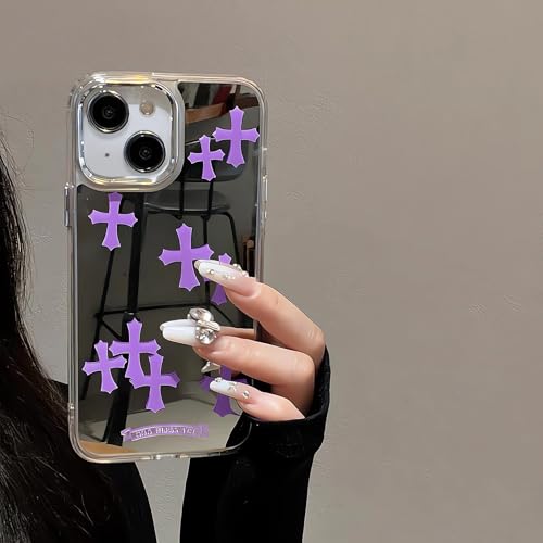 xoniery Compatible with iPhone 14 Cute Glossy Mirror Back Case,Cross Pattern,Senior Shockproof Protection for iPhone 14 Case for Women Girls-Purple