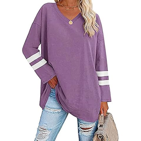 Voopptaw Women's Baseball Tshirts Comfy Loose Fitting V Neck Long Sleeve T Shirt Purple M Cover