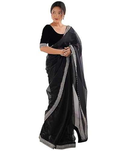 Poru IMPEX Organza Saree with Embellished Border, Velvet Blouse,Multiple Color