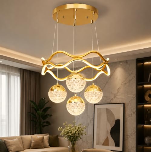 Image of Elegant Chandelier Ceiling Light for Living Room Hanging Pendant Light | Italian K9 Crystals | Metal Frame | Adjustable LED Light-Pack of 1 (4 Ball Light-Gold)