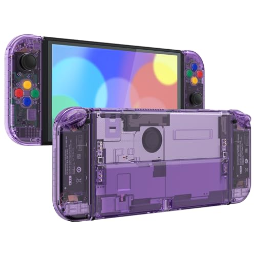 Image of eXtremeRate DIY Full Set Shell Buttons for Nintendo Switch OLED, Crystal Clear Atomic Purple Replacement Back Plate & Kickstand Custom Case Housing for Nintendo Switch OLED JoyCon - No Controller