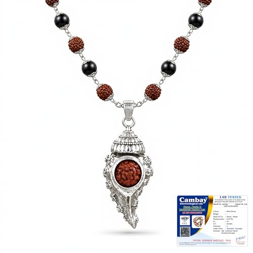 Image of Gratify Karungali Wood & Rudraksha Mala | 54+1 Natural Ebony Beads with Shankh Pendant | Silver-Capped Spiritual Mala for Prayer, Meditation & Positive Energy