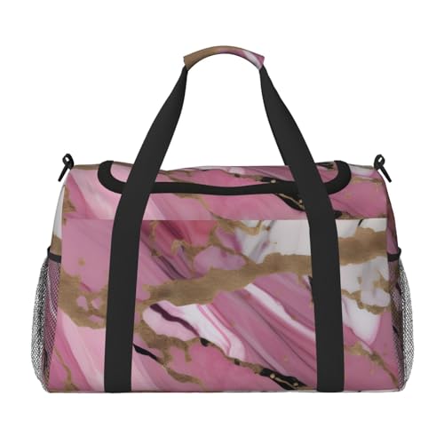 Pink White Marble Pattern Print Stylish Foldable Carry On Tote with Waterproof Zipper for Weekend Getaways Bag