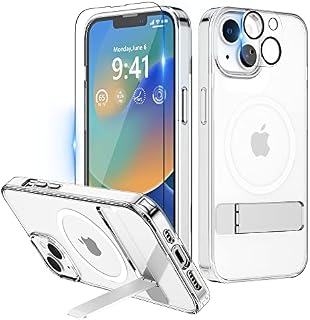 Niunisi Magnetic Case for iPhone 14 Case with Screen Protector, (with Slim Kickstand + Camera Protector) Compatible with Magsafe Shockproof Translucent Matte Cases Phone Case Cover 6.1-Inch, Clear