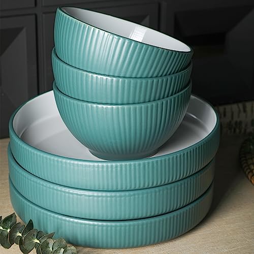 Image of Christian Siriano Larosso 12-Piece Stoneware Dinnerware Set with Dinner Bowls and Pasta Bowls, Plates and Bowls Set, Dish Set for 4, Green
