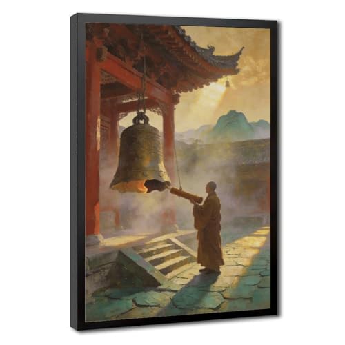 Framed Tranquil Eastern Courtyard Wall Art for Living Room Zen
