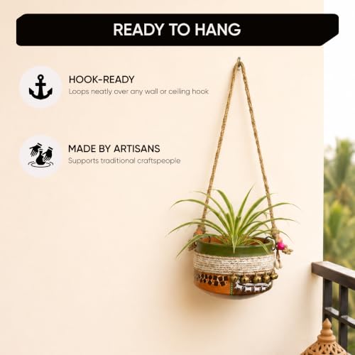 Image of AAKRITI ART CREATIONS Terracotta Hanging Planter | Jute Embellished Brown Earthen Design, Modern Art, Matte Finish | Decorative Hanging Pot for Indoor & Outdoor Home Decor