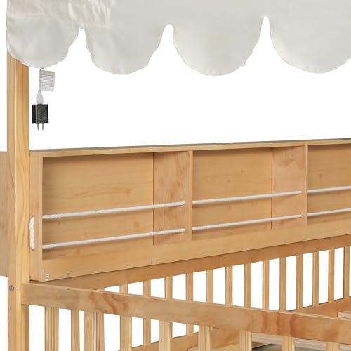 Image of Full Size Wooden Floor Bed for Kids,House-Shaped Daybed with Fense,3 Storage Bookshelves,Curtain and LED Light (Natural+Beige6)