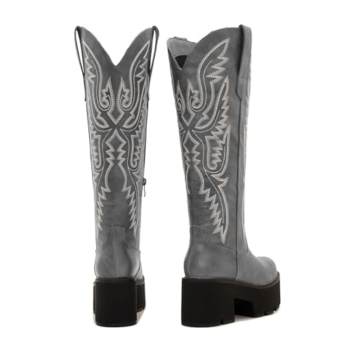 Image of Uillnoodu Wide Calf Cowboy Boots Women Adjustable Lace Up Knee High Tall Plus Size Cowgirl Boots Western Style Comfortable 2-Inch Heel