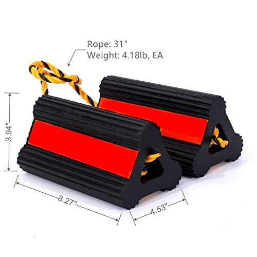 Tiousmoky Wheel Chocks Rubber Heavy Duty Trailer Wheel Chocks with Red Reflective Visibility Tape and Yellow Nylon Rope 8.27\" x 4.53\" x 3.94\" (Comes with Spare Red Reflective Strip)