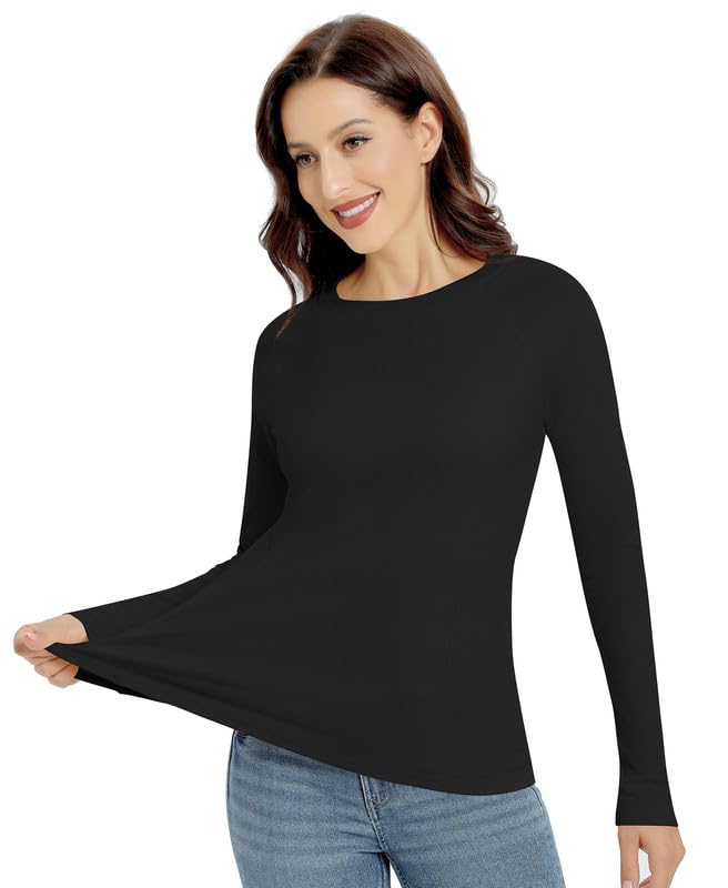 Jiuday Damen Thermo Oberteil Langarm mit Rundhalsausschnitt (227-Schwarz,L)