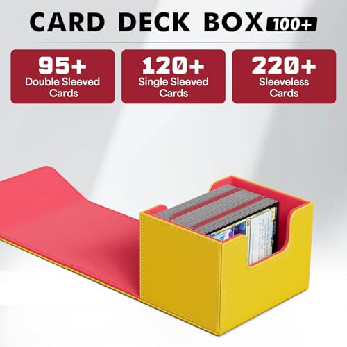 Image of ZLCA Card Deck Box for Trading Cards, MTG Commander Deck Box Holds 120+ Single Sleeved Cards, Leather Magnetic Card Storage Box Fits for TCG CCG Magic Cards (Yellow&Red)