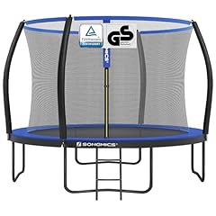 SONGMICS Trampolin 305 cm d, Gartentrampolin für Kinder mit Sicherheitsnetz, 180 cm hohe gebogene Stangen, Randabdeckung, Leiter, Stahlrahmen, schwarz-blau STR10BK