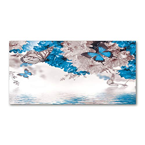 Crédence de cuisine verre trempé 100x50 dosseret bleu fleurs papillons