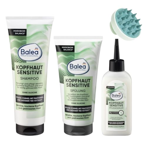 Kopfhaut-Paket (3 Stück) - Sensitive Shampoo (250 ml) + Sensitive Kopfhaut Conditioner (200 ml) + Kopfhautpflegeserum (150 ml) + Massagebürste