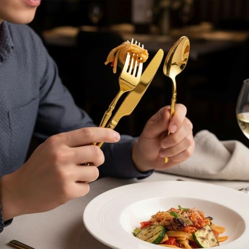 Image of 15 Pcs Gold Cutlery Set for Dining Table the Perfect Lightweight Silim Handle Tableware Including Dinner Spoon, Dinner Fork, Dinner Knife, Dessert Spoon & Dessert Fork