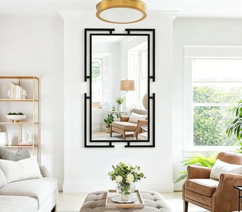 Image of Large Mirror Wall Decor, 46.5 inchx23 inch Black Mirror with Metal Frame for Bedroom, Living Room, Bathroom, Tempered Glass, Horizontal /Vertical